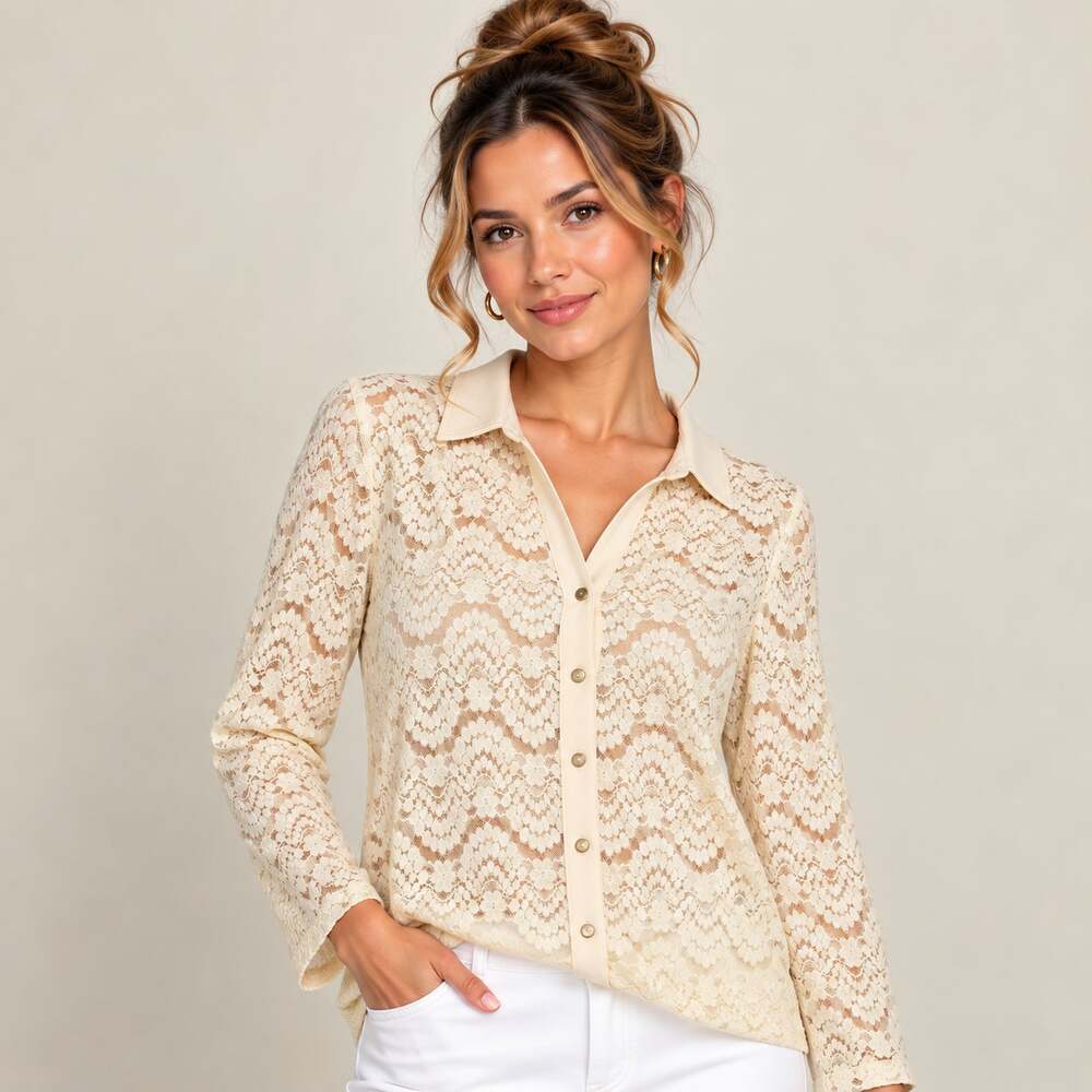 Susan Graver Liquid Knit Occasions Blouse Women's Size L Irovy Lace Romantic